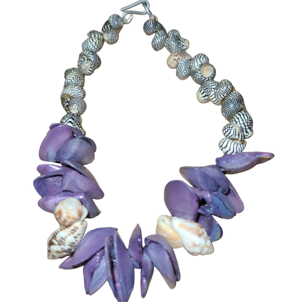 Hand strung 8in Boho Shell Bracelet Purple (No Broken Shells) L8